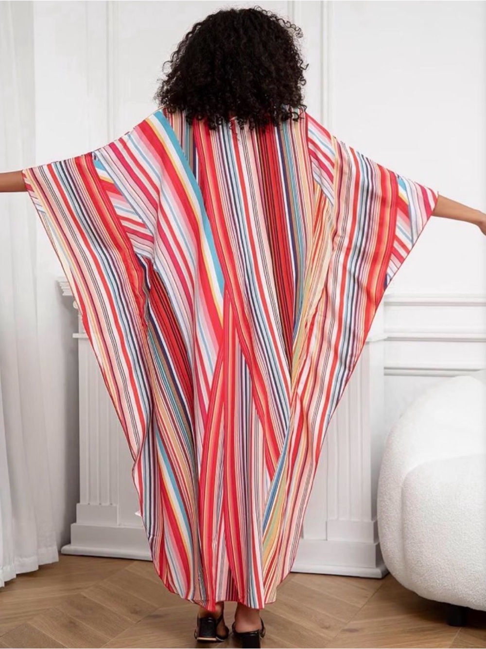 Multicolor Striped Kaftan Maxi Dress V-Neck Boho Cover Up XL - Picture 4 of 4